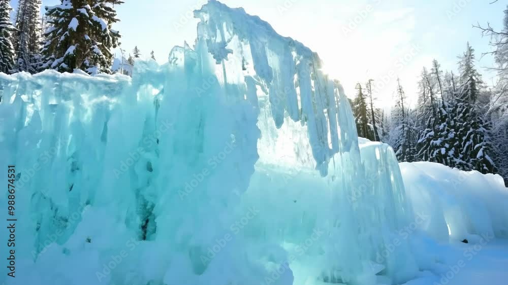 Poster sun shining through turquoise ice formations in snowy forest. creating magical winter scene. blue li