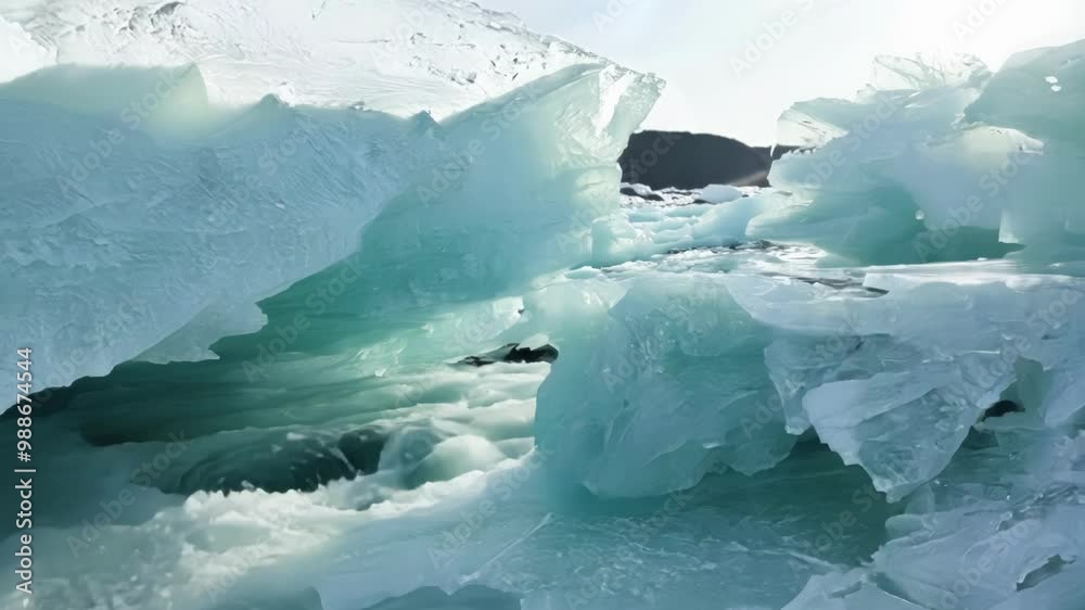 Poster sun shining through turquoise ice formations, creating cave like structure in winter. icy landscape 