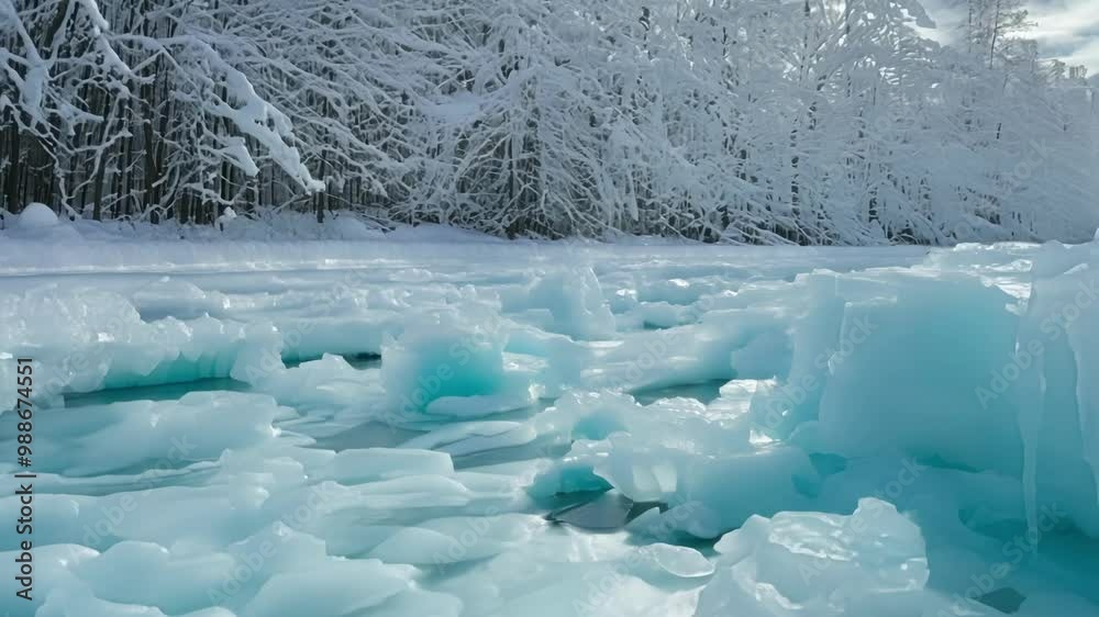 Poster tranquil winter scene with turquoise ice on a frozen river in a snow covered forest. sunlight highli