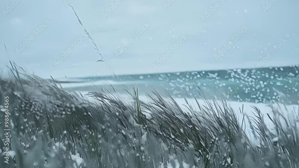 Poster snow is falling on beach grass blowing in the wind on a beach with the ocean in the background. the 