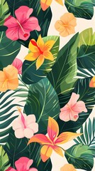 Tropical Floral Pattern Design with Hibiscus and Palm Leaves