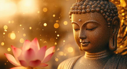 A golden Buddha statue with lotus flowers in the background, blurred background, halo effect, golden particles, and glittering effects