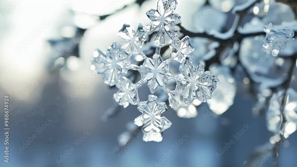 Poster snowflakes cling to a tree branch, catching sunlight in a magical winter scene with intricate detail