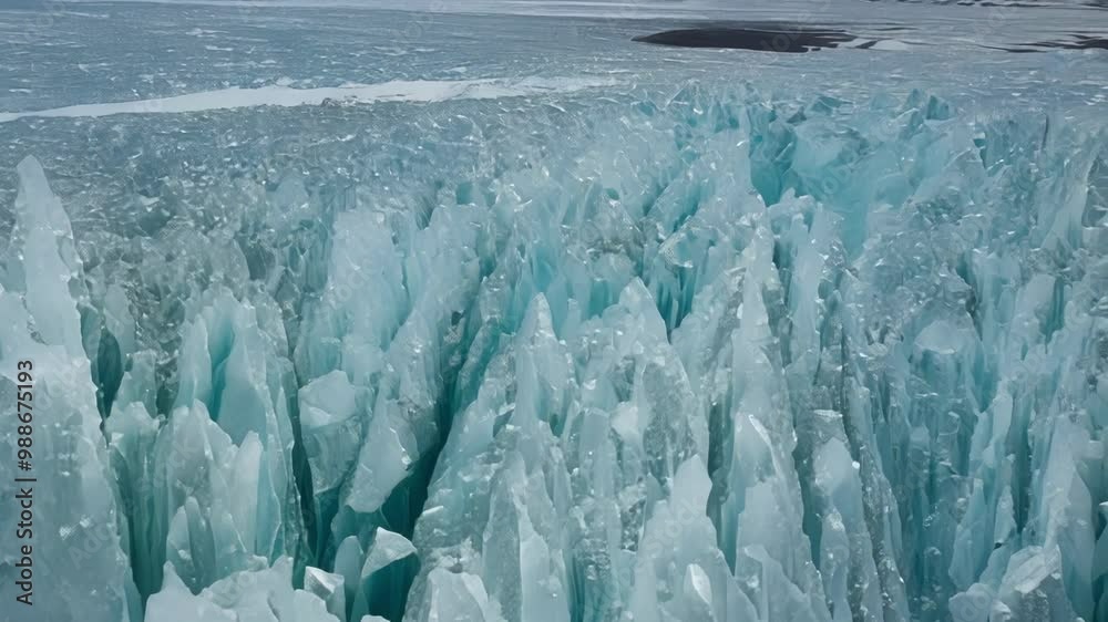 Poster jagged turquoise ice formations are emerging from the frozen surface of a lake, creating a mesmerizi