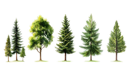 Collection of various trees, white isolated background. transparent background