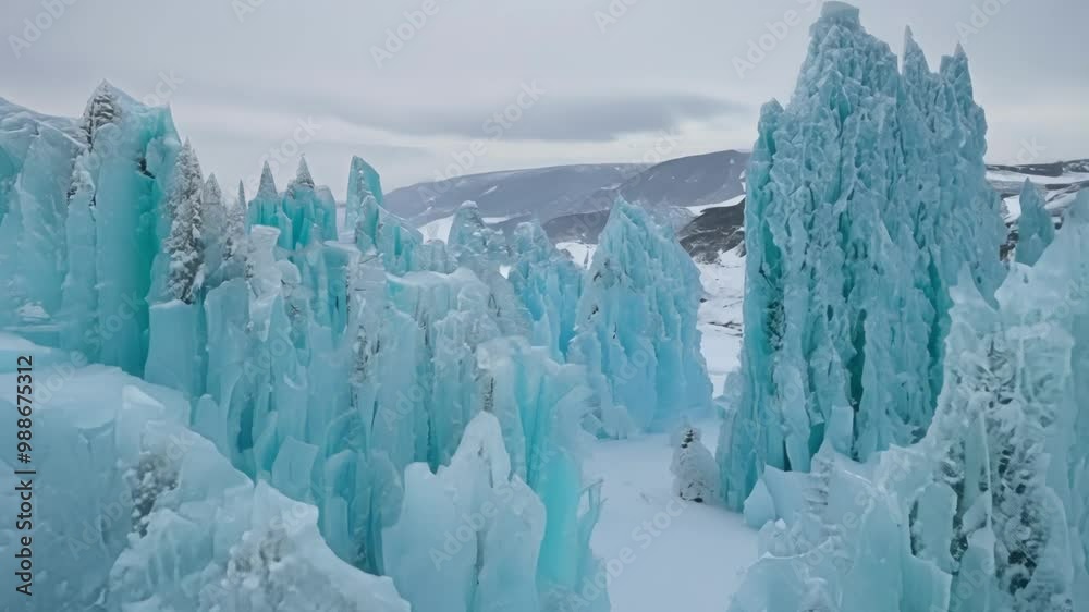 Poster jagged turquoise ice formations rise from the frozen ground. creating a surreal and beautiful winter