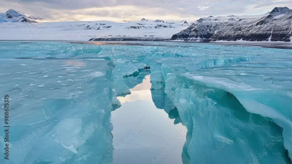 Poster turquoise ice floes are reflecting on the water of a glacier lagoon. the sun is setting behind the m