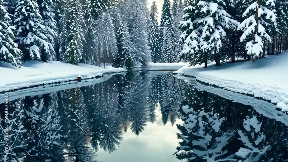 Poster snow covered forest reflecting on the surface of a calm lake on a clear winter day