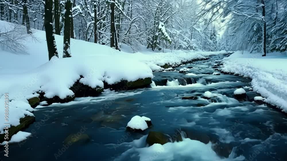 Poster picturesque winter scene of a river flowing through a snow covered forest. the trees are covered in 