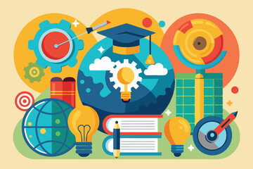 Various educational symbols and tools are illustrated, emphasizing skills development and learning, Education and skills development,