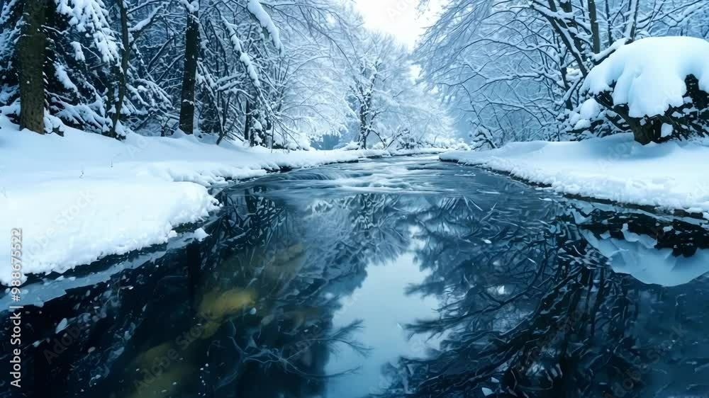 Poster cold river is slowly freezing over as the reflections of the snow covered trees on each bank are cle