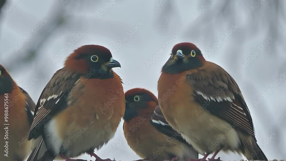 Poster Four chestnut capped laughingthrush birds are perched on a branch, seemingly communicating with each other on a cold winter day