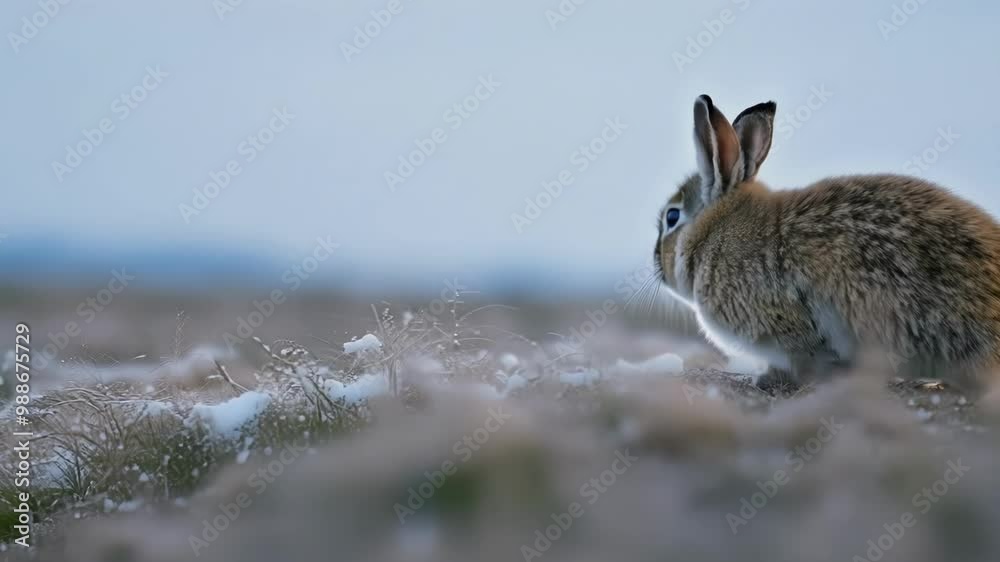 Poster wild rabbit is sitting on the ground covered with the first snowfalls of winter. the rabbit has brow