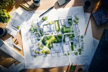 Keuken achterwand Beige Architectural plans with landscape design on the desk. Top view  © john