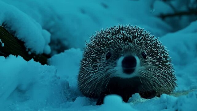 Cute hedgehog emerges from snowy forest at night, its spines glistening in the cold air