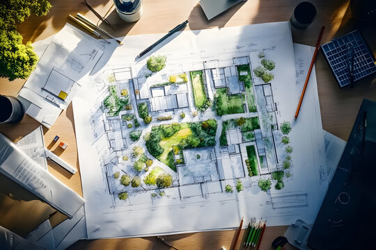 Architectural plans with landscape design on the desk. Top view