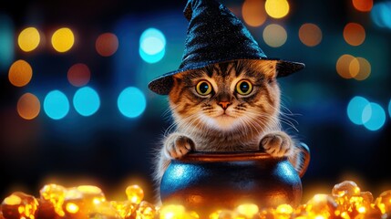 Cute Kitten Dressed As Witch in a Witch's Cauldron