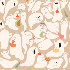 Seamless pattern with cute ghosts with pumpkins and hearts for Halloween. Vector illustration	
