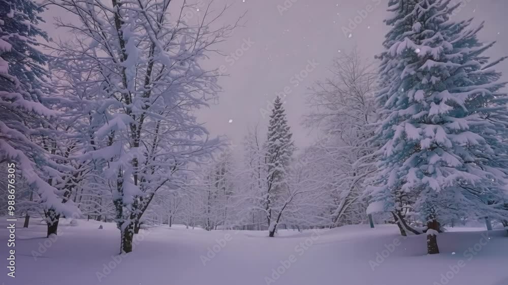 Poster snowflakes gently falling on spruce trees in a winter forest, creating a serene and magical atmosphe