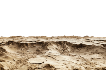 Dry, cracked earth surface with detailed texture on a white isolated background. transparent background