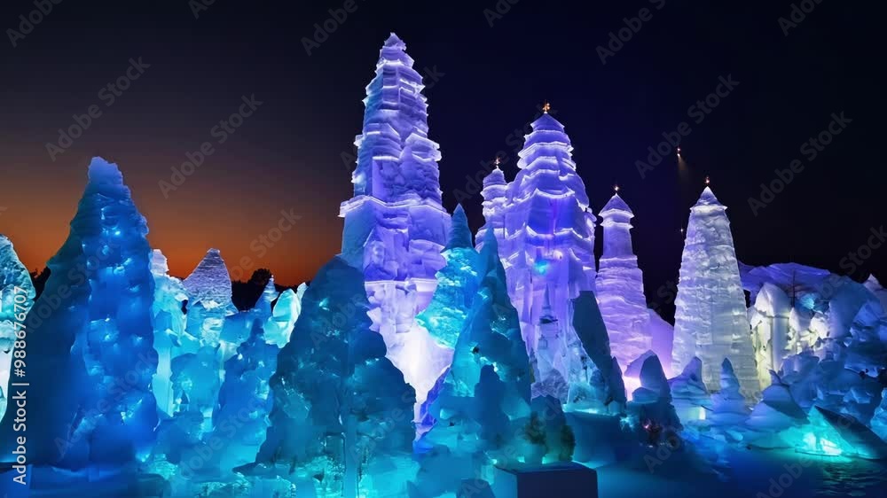 Poster in the enchanting twilight, intricate ice sculptures glow with colorful lights, creating a magical w