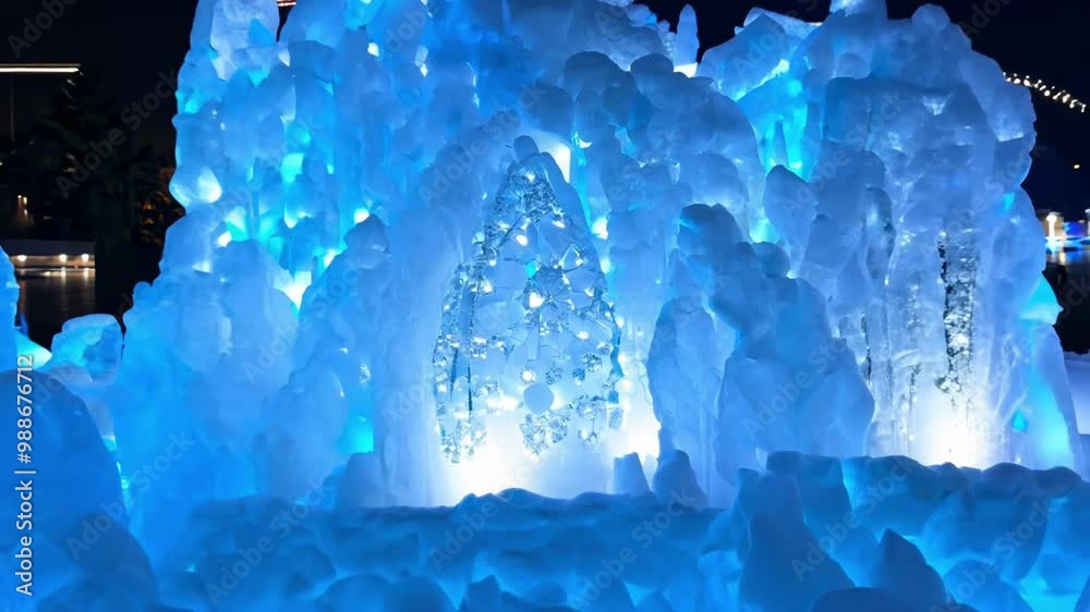 Aufkleber Low angle view of a beautiful ice chandelier hanging on the ceiling of a blue illuminated ice cave, creating a magical and frozen atmosphere