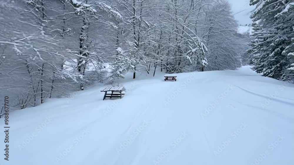Poster Snowy landscape showing a set of picnic tables at the bottom of a hill leading into a forest covered in freshly fallen snow. The quiet winter scene evokes peace and solitude