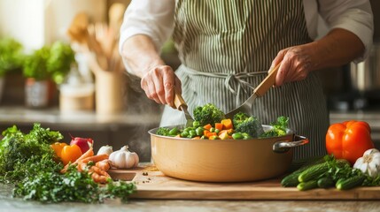 Elderly woman stirring a pot of vegetable soup in a rustic kitchen, wholesome meals, nutrition for seniors