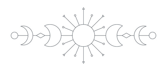 Celestial symbols, Thin line spiritual illustration. Magic occult emblems