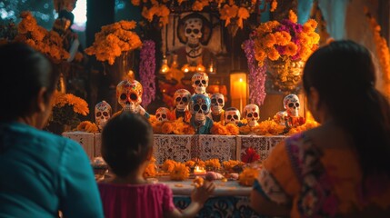 Vibrant Dia de los Muertos Celebration with Ornate Altar
