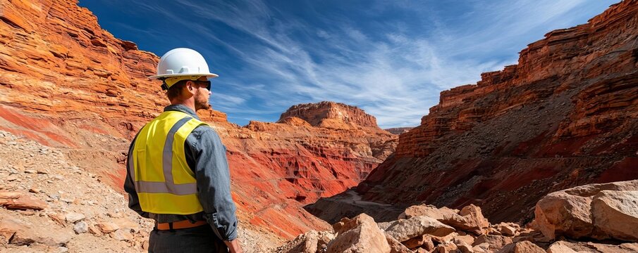 Mining engineer at the mouth of a deep canyon mine