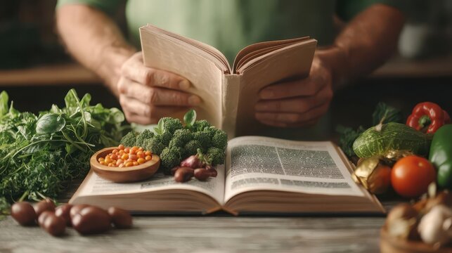 Senior man reading a health magazine on superfoods, kitchen table filled with colorful ingredients, functional food, elderly nutrition