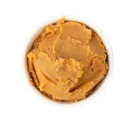 Miso paste isolated. Japanese shiro miso seasoning sauce, fermented soybean spread, brown soy cream