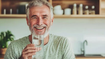 Senior man smiling as he drinks a large glass of water, healthfocused kitchen, hydration awareness, nutrition education