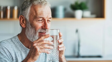 Senior man smiling as he drinks a large glass of water, healthfocused kitchen, hydration awareness, nutrition education
