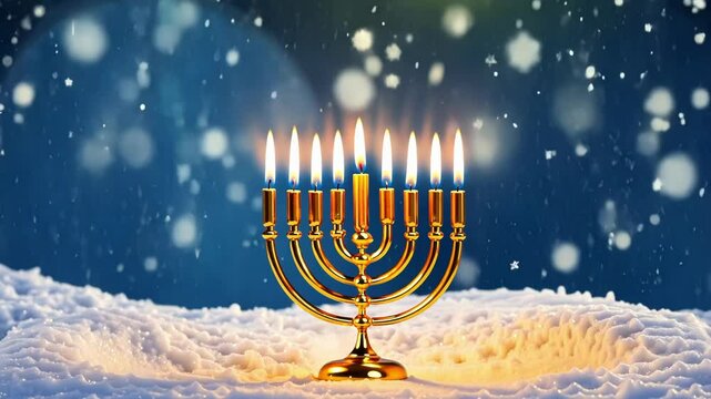 Golden menorah with burning candles in the snow, symbolizing hanukkah. Evokes peace and joy for winter designs