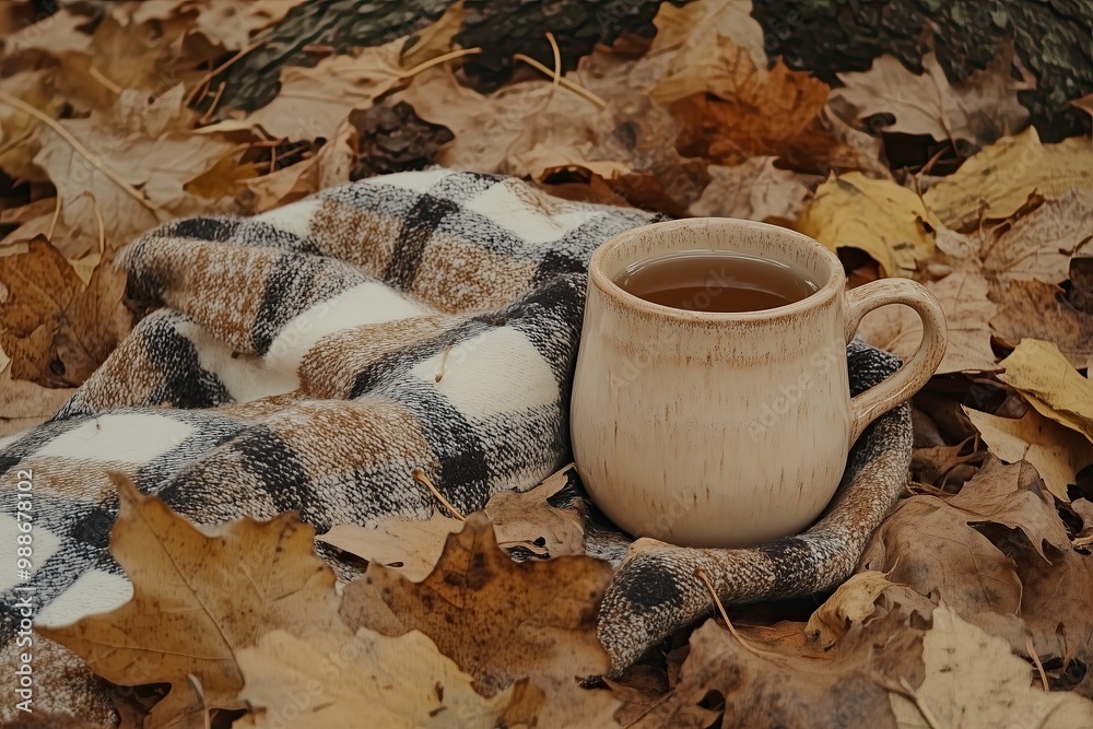 Wall mural Warm plaid and hot tea among the leaves