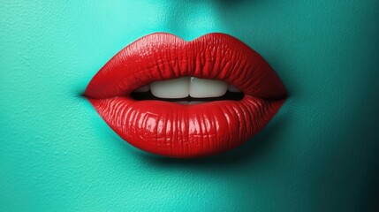 Obraz premium Close-up of vibrant red lips against a striking turquoise background, showcasing beauty and boldness in a creative portrait.