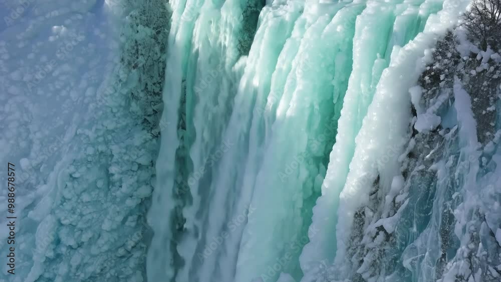 Poster water cascading down a rugged cliff, freezing mid fall to form captivating ice shapes in a stunning 