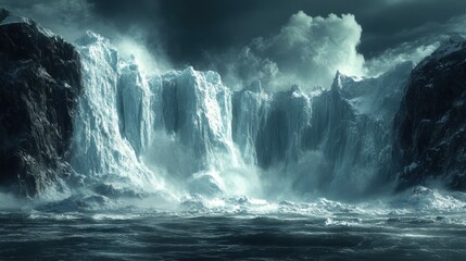 Obraz premium Majestic waterfall cascading into a dark ocean, surrounded by rocky cliffs and dramatic clouds, showcasing nature's raw power.