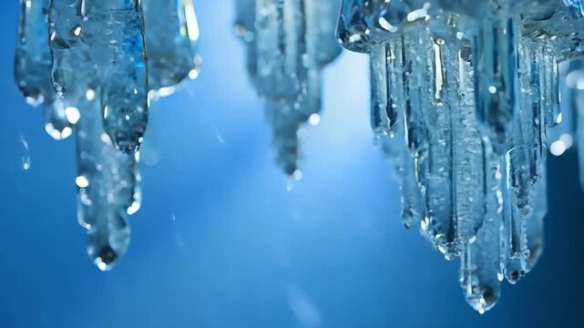 Melting icicles drip water on a winter day, against a blurred blue background, capturing nature's beauty in the frosty season