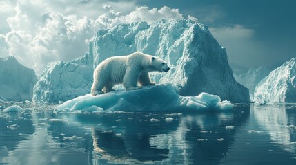 Naklejka premium A majestic polar bear stands on an ice floe surrounded by serene waters, embodying the beauty of Arctic wildlife and climate change.