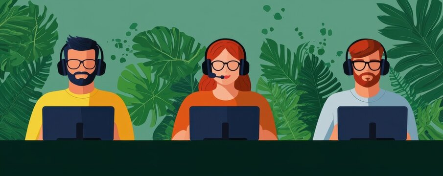 Diverse Team Working on Laptops with Tropical Leaves Background - Powered by Adobe