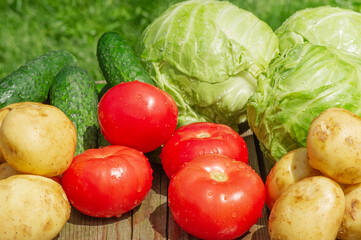 Vegetables tomatoes, cabbage, potatoes and cucumbers on a wooden table