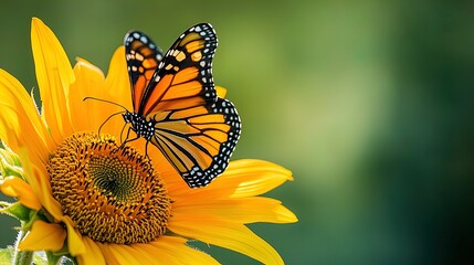 Naklejka premium Vibrant Butterfly on Sunflower: Stunning Close-Up Image Perfect for Nature-Inspired Wall Art or Eye-Catching Posters in Home, Office, or Sportive Interiors!