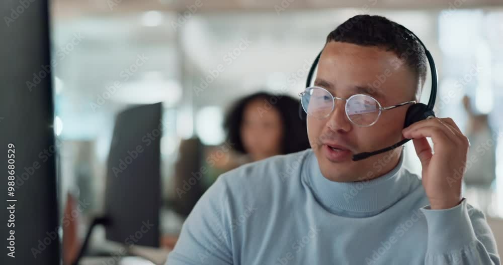 Aufkleber call center, conversation and support with man consulting in customer service office for assistance 