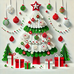 The delicate paper cut design elegantly captures the festive spirit, with intricate snowflakes and trees framing the words 'Merry Christmas and Happy New Year. Generative AI.