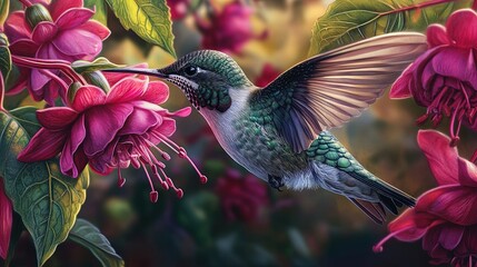 Fototapeta premium Iridescent Hummingbird Feeding on Fuchsia Flower: A Stunning Close-Up Perfect for Botanical Art Posters and Vibrant Home Decor