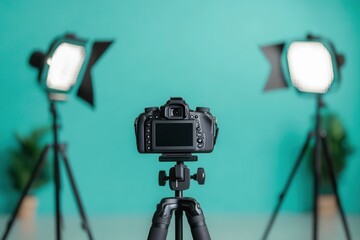 DSLR Camera On Tripod With Studio Lights