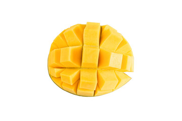 Fresh mango cubes half isolated on white background